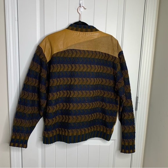 Vintage tan‎ leather knit sleeves sweater size medium men’s grandpa unique - Picture 3 of 4